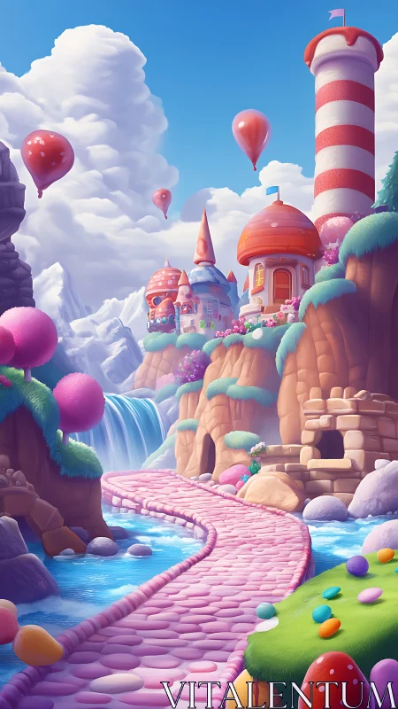 Candy valley fantasy landscape with pastel river path.