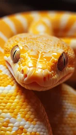 Close macro view of yellow and white patterned snake head.
