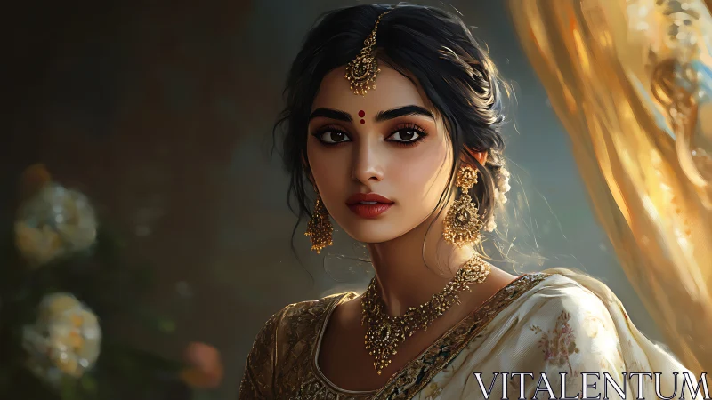 Graceful woman in golden sari glows in soft evening light