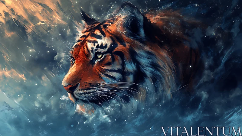 Tiger head emerges through swirling cosmic mist and light
