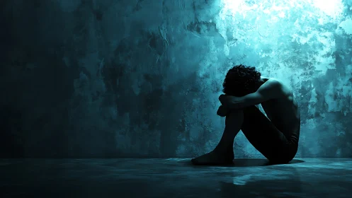 Quietly curled figure resting beneath cool blue light.