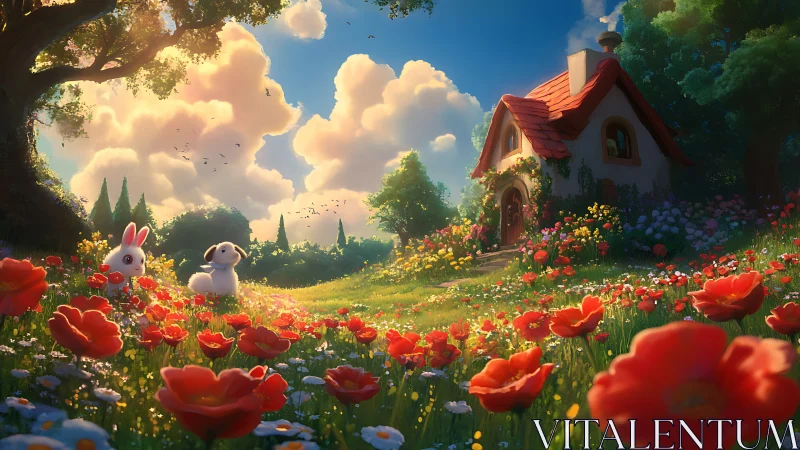 Cartoon animals move through dense poppy field near cottage