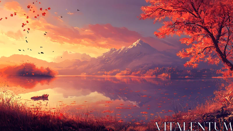 Autumn mountain lake at sunset with reflective water surface.