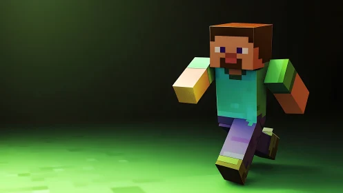Voxel game runner under cinematic green spotlight glow.