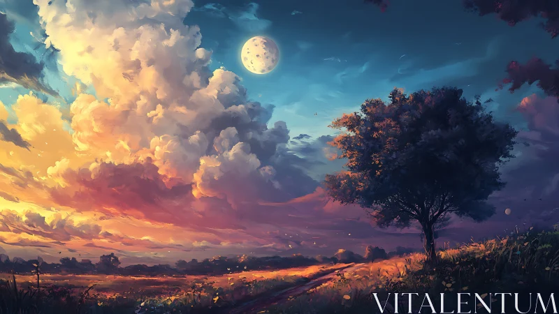 Radiant twilight meadow beneath towering lunar clouds.