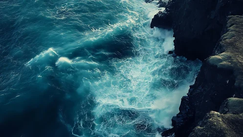 Ocean surf crashes against rugged coastal cliff face