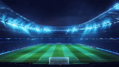 Electric midnight arena cradling a luminous emerald pitch.