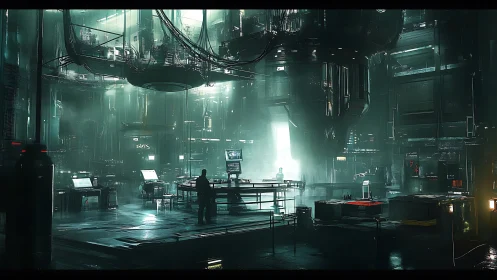 Neon-drenched quantum lab hums beneath colossal core.