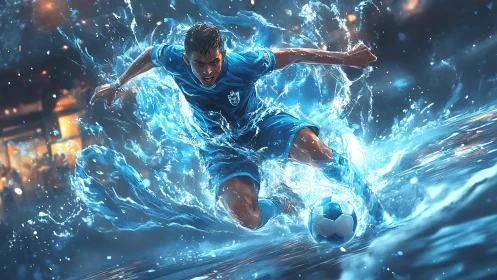 Soccer player charges through water with dynamic blue energy