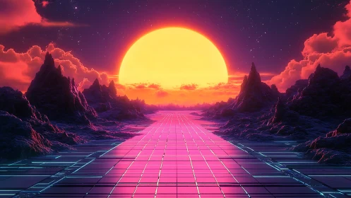 Neon magenta grid highway beneath oversized retrofuturist sun.