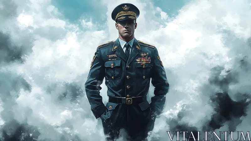 Decorated military officer stands in clouds in cinematic portrait