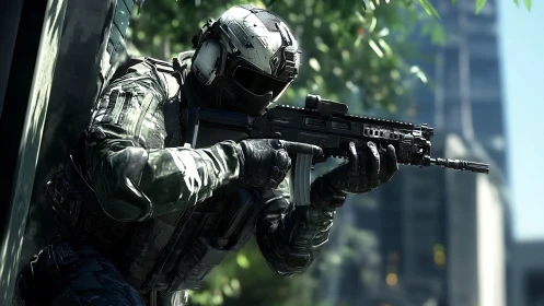 Urban tactical operator with bullpup rifle in dynamic cover