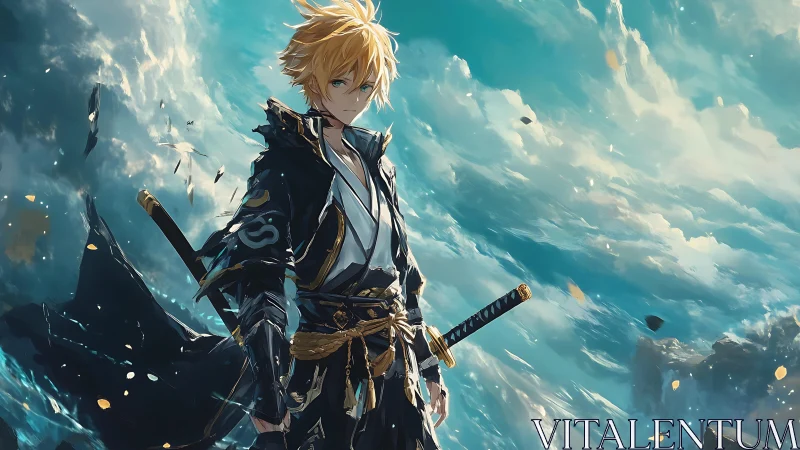 Golden-haired anime swordsman stands against turbulent skyscape