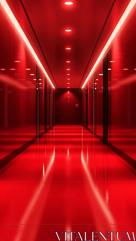 Monochromatic red corridor with reflective surfaces and linear LEDs