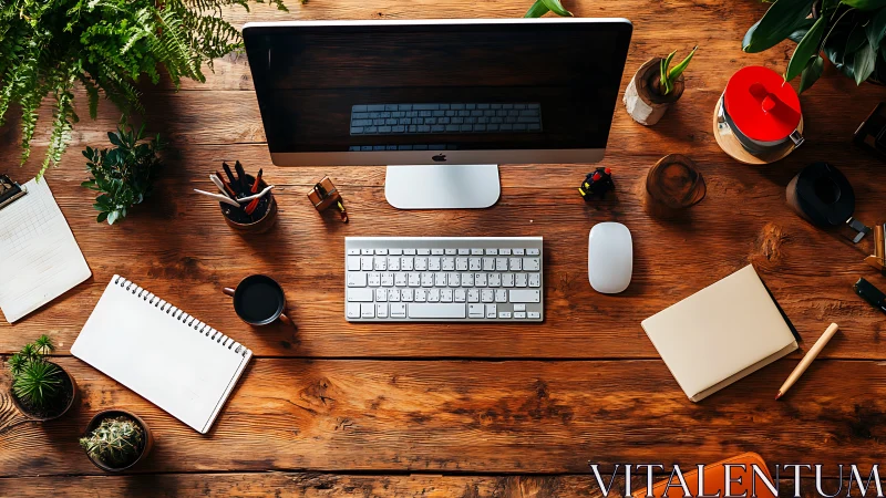 Organized wooden desk with desktop computer and plants.