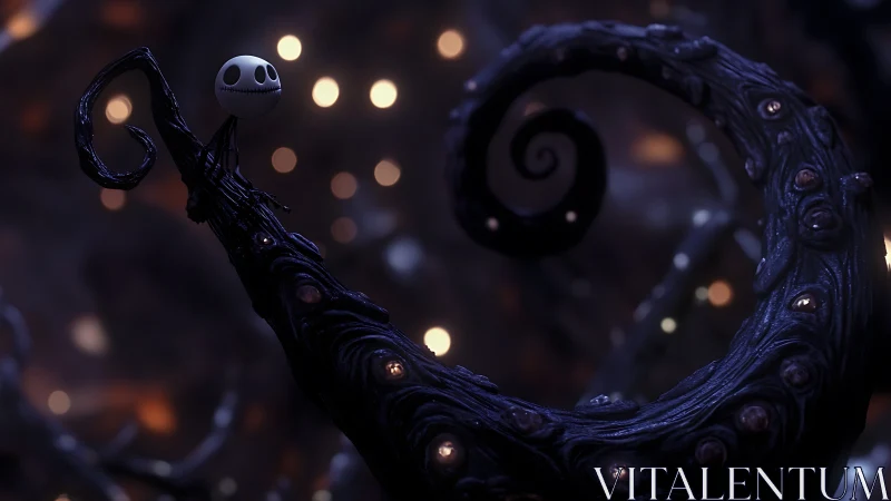 Moonlit skeleton dreamer atop spiraled midnight roots.