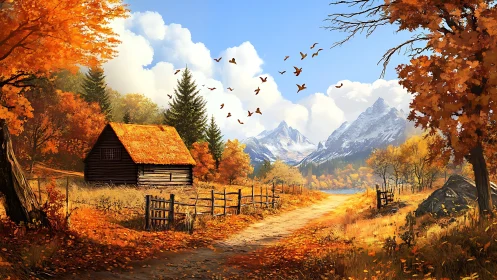 Autumn mountain cabin beside winding dirt country road.