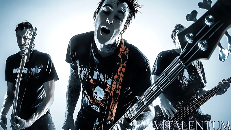 High-contrast rock trio under backlit stage illumination setup.