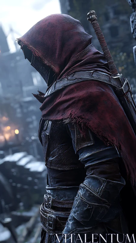 Mysterious hooded wanderer poised in a misty medieval street.