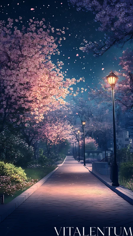 Cherry blossom path under night sky with streetlamps aglow.