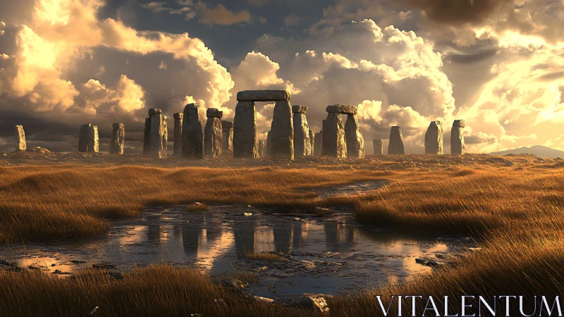 Golden dusk over ancient standing stones and still water.