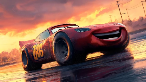 Smiling red race car sliding on wet track at sunset.