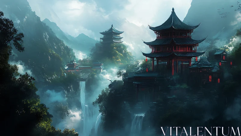 Mystical mountain temples glow gently above misty waterfalls