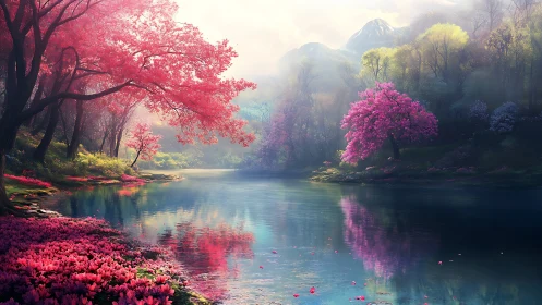 Saturated pink blossom trees reflect across a tranquil river