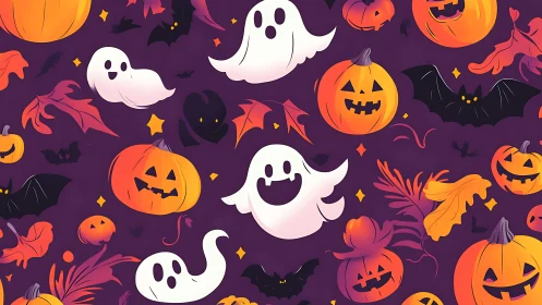 Halloween ghosts, pumpkins and bats form seamless pattern