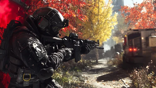 Armored soldier advances with rifle through autumn city street