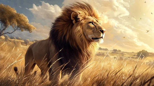 Majestic lion strolling through sunlit golden savanna fields.