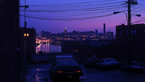 Urban waterfront skyline at dusk viewed from alleyway.