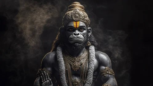 Photorealistic divine simian warrior in ornate regalia portrait.
