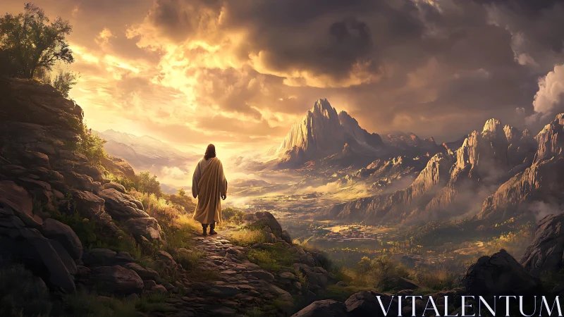 Solitary robed figure on rocky path toward distant peaks.