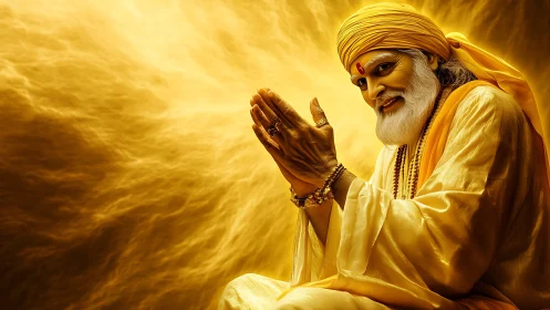 Elderly holy man in yellow robes against glowing backdrop.