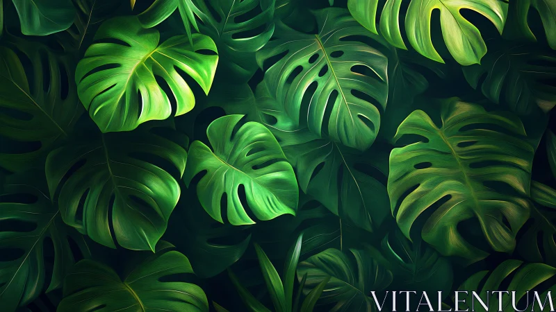Lush monstera jungle leaves glowing in soft tropical light.