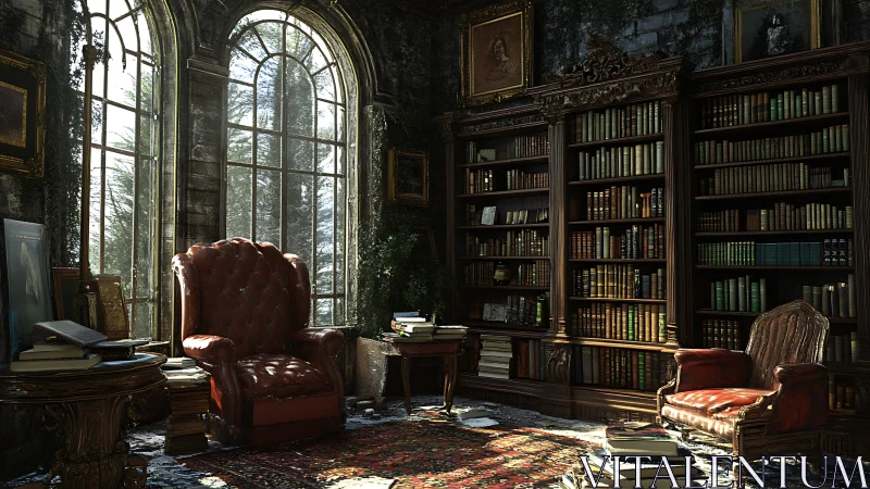 Sunlit leather chairs anchor dust-laden gothic library