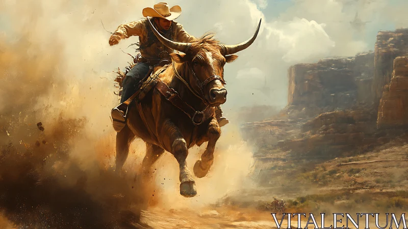 Cowboy rides raging bull through sunlit desert canyon dust
