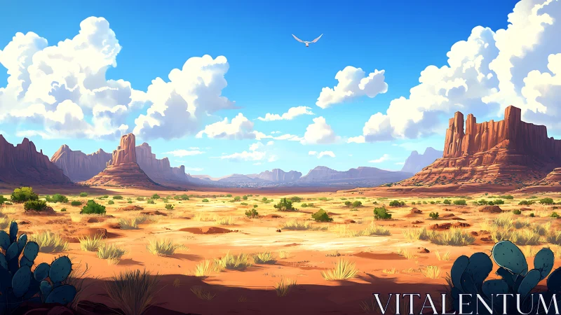 Digital painting of sunlit desert mesas and open sky panorama.
