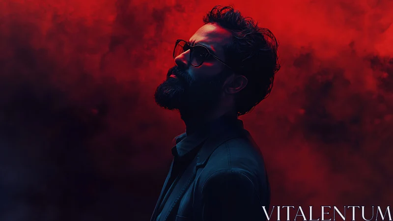 Crimson smoke crowns a lone silhouette in neon shadow