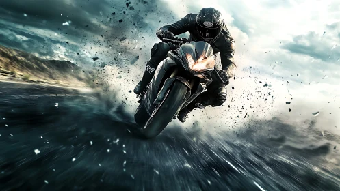 Motorcyclist leans into high speed corner on wet asphalt road