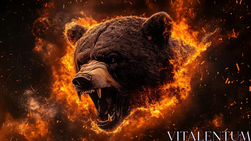 Roaring bear head erupts through swirling ring of fire
