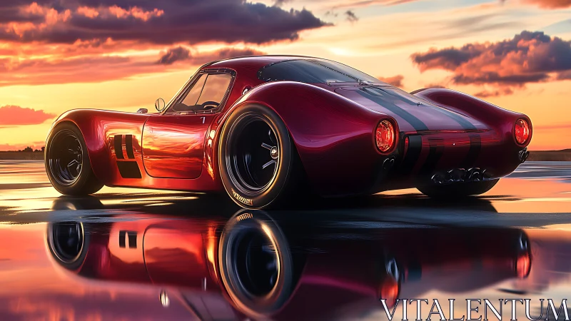 Crimson retro supercar gliding across a mirrorlike sunset track.