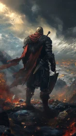 Armored warrior overlooks burning valley beneath storm clouds