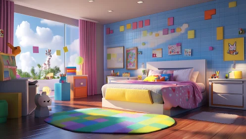Colorful children’s bedroom with bright decor and daylight