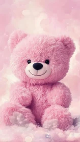 Pink plush teddy bear on soft pastel pink background.