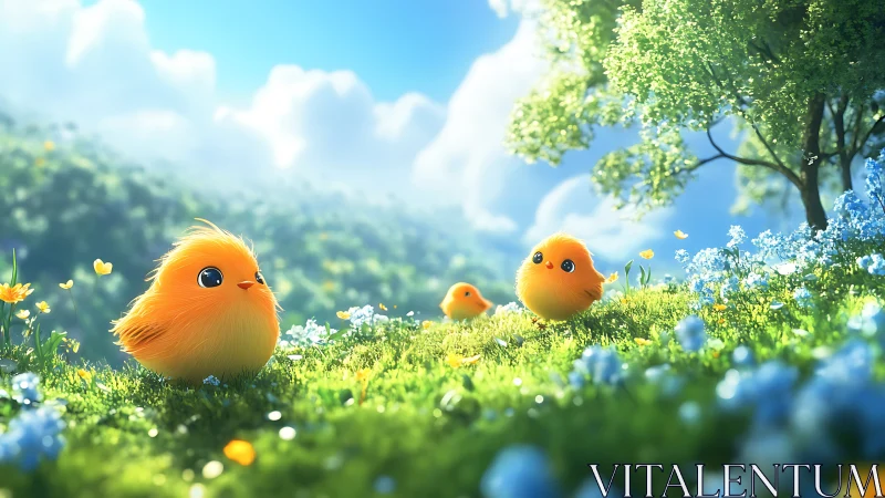 Fluffy baby chicks basking in a glowing spring meadow.