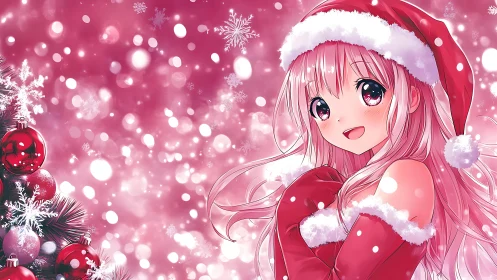 Anime girl in Santa outfit with Christmas decorations.