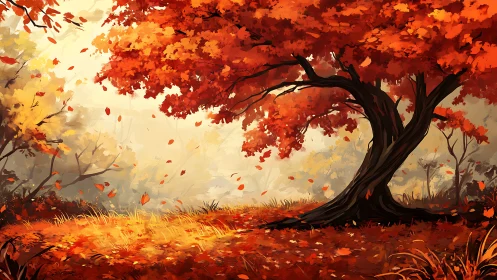 Crimson maple sentinel guarding a misty autumn glade.