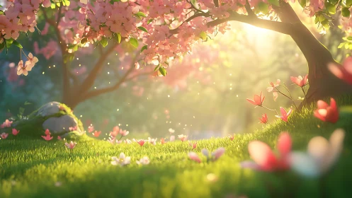 Sunlit blossom meadow inviting you into gentle spring magic.